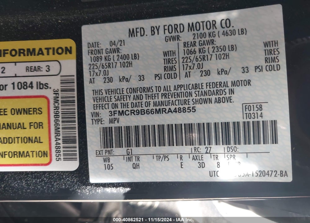 2021 FORD BRONCO SPORT BIG BEND VIN: 3FMCR9B66MRA48855