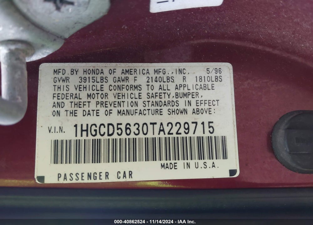 1996 HONDA ACCORD LX/EX VIN: 1HGCD5630TA229715