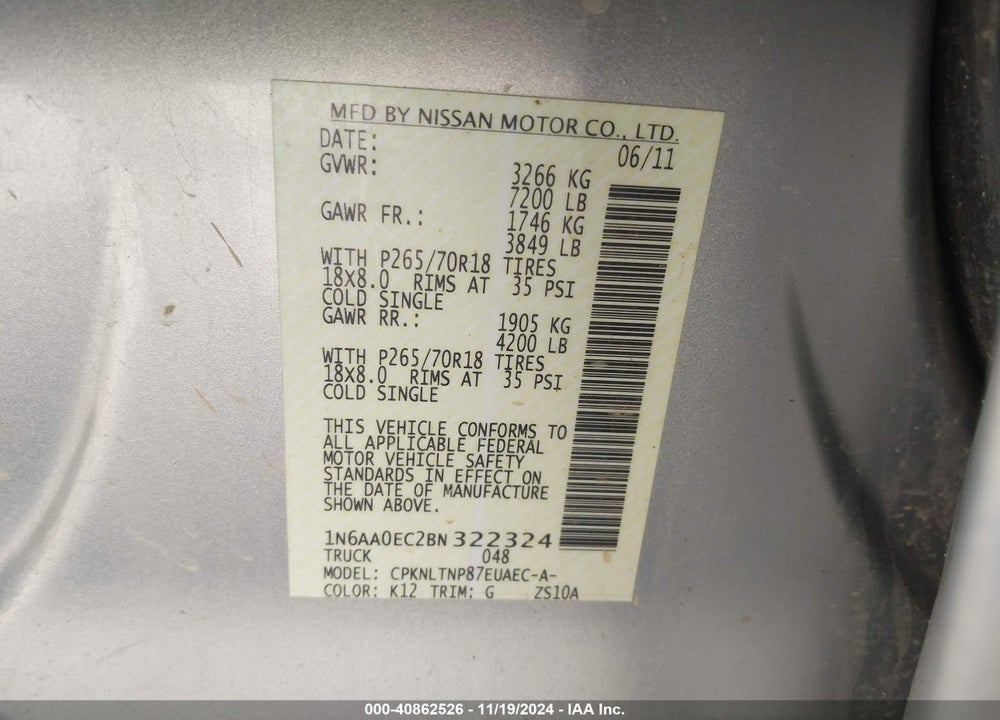 2011 NISSAN TITAN SV VIN: 1N6AA0EC2BN322324