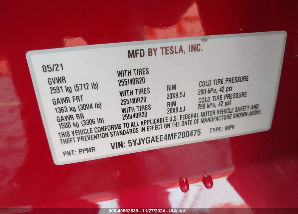 2021 TESLA MODEL Y LONG RANGE DUAL MOTOR ALL-WHEEL DRIVE VIN: 5YJYGAEE4MF200475
