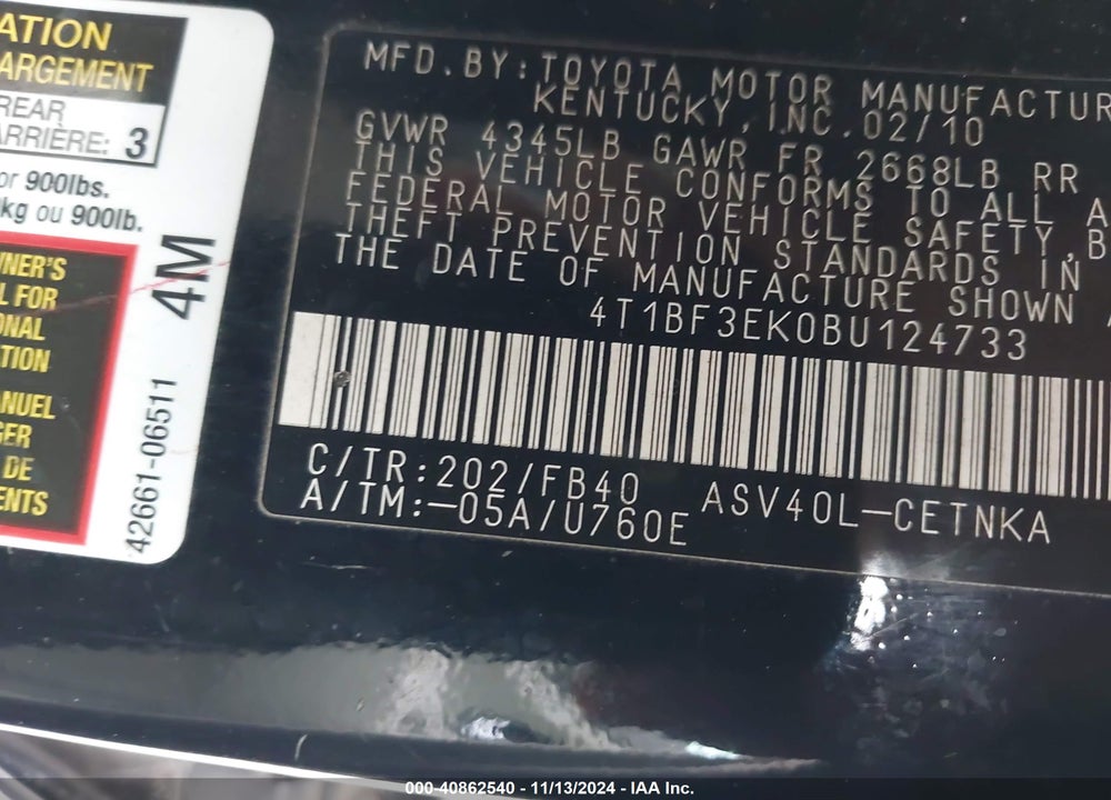 2011 TOYOTA CAMRY VIN: 4T1BF3EK0BU124733
