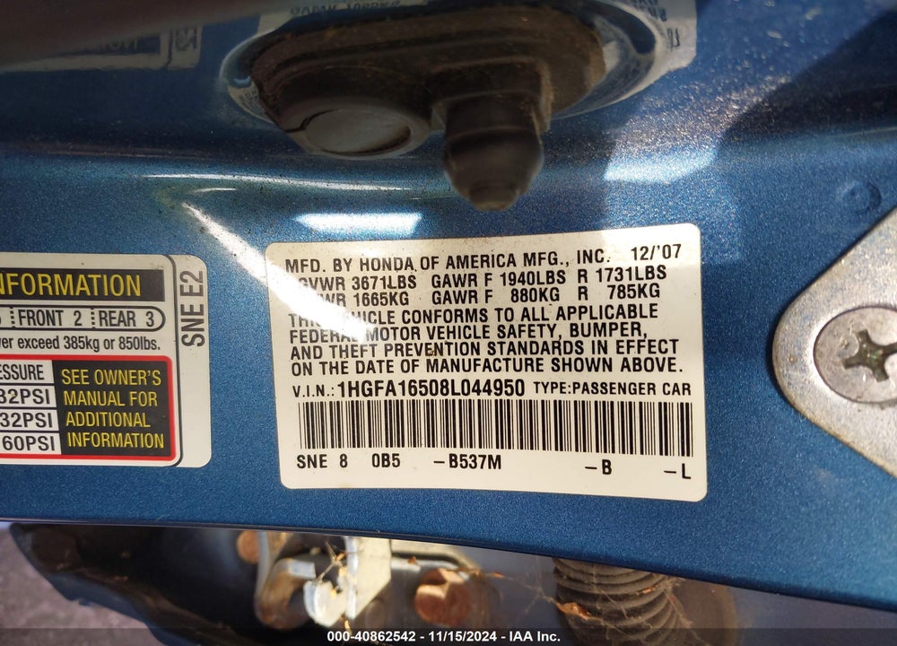 2008 HONDA CIVIC LX VIN: 1HGFA16508L044950