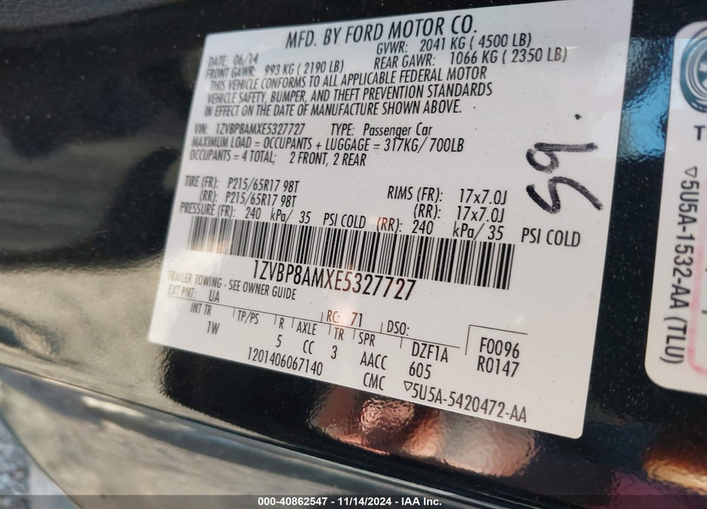 2014 FORD MUSTANG V6 VIN: 1ZVBP8AMXE5327727