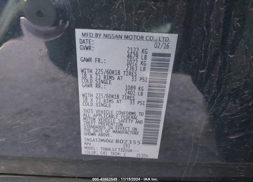 2016 NISSAN ROGUE S/SL/SV VIN: 5N1AT2MV0GC802355