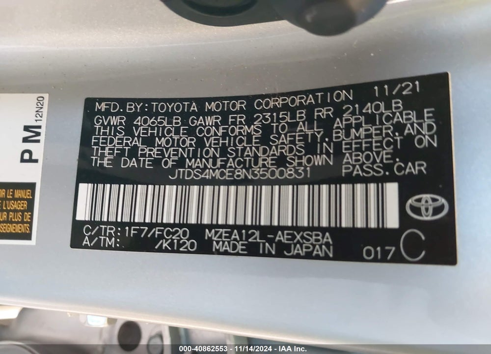 2022 TOYOTA COROLLA SE VIN: JTDS4MCE8N3500831