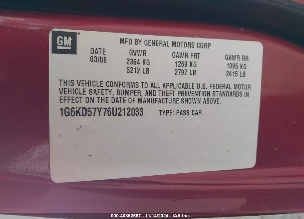 2006 CADILLAC DTS VIN: 1G6KD57Y76U212033
