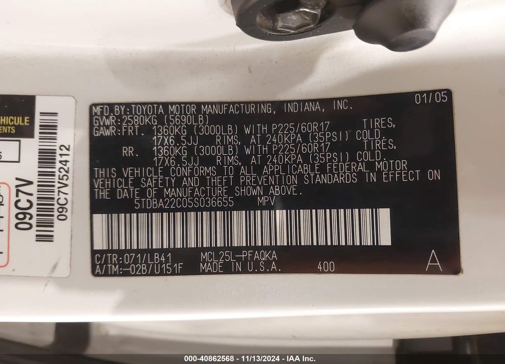 2005 TOYOTA SIENNA XLE LIMITED VIN: 5TDBA22C05S036655
