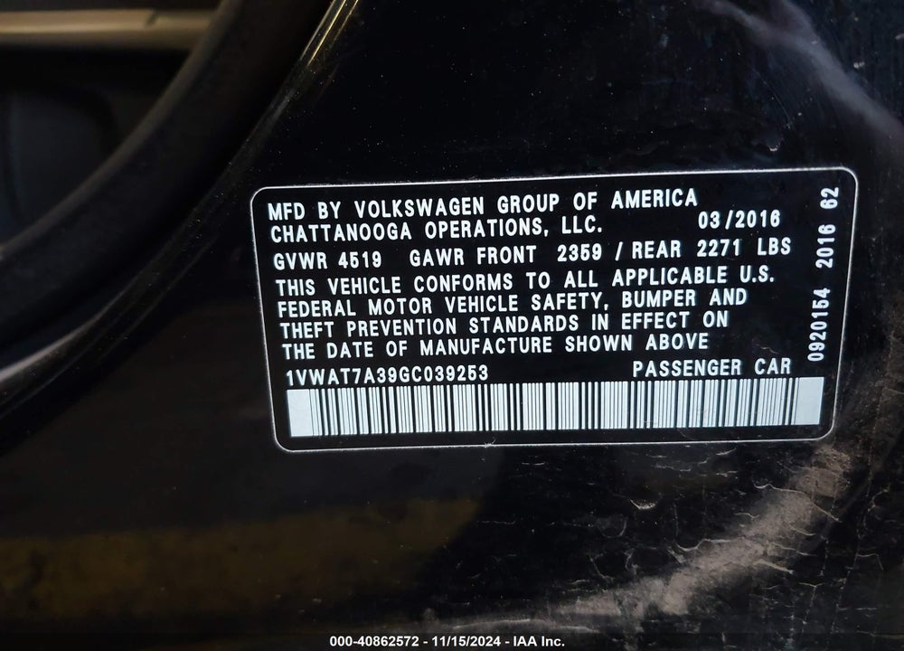2016 VOLKSWAGEN PASSAT 1.8T S VIN: 1VWAT7A39GC039253