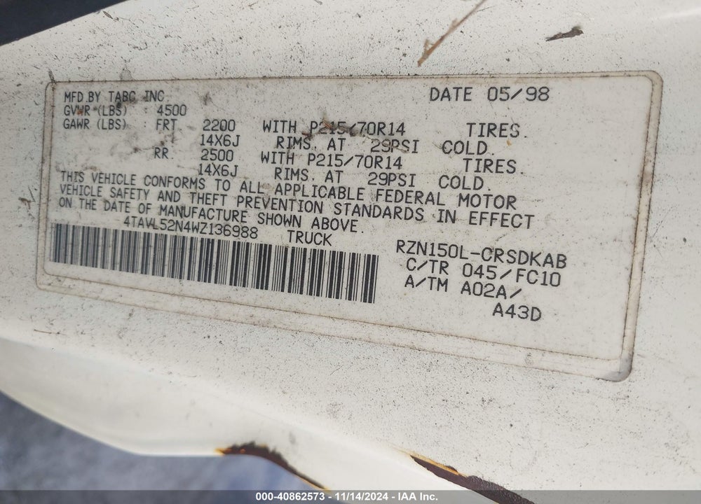 1998 TOYOTA TACOMA VIN: 4TAVL52N4WZ136988