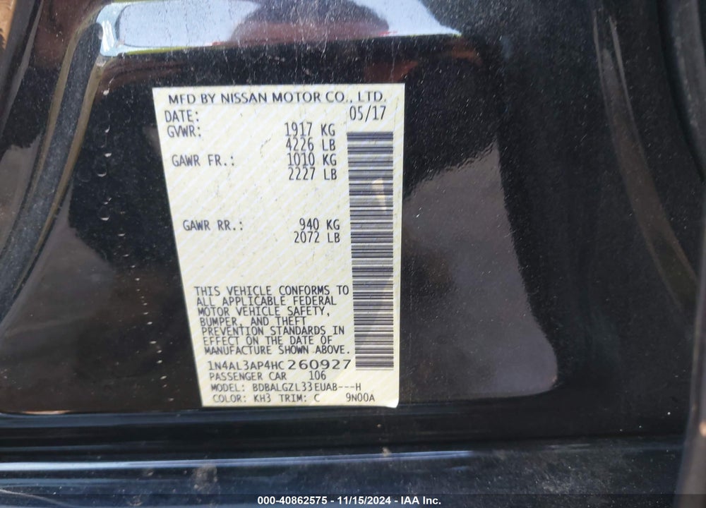 2017 NISSAN ALTIMA 2.5 S VIN: 1N4AL3AP4HC260927