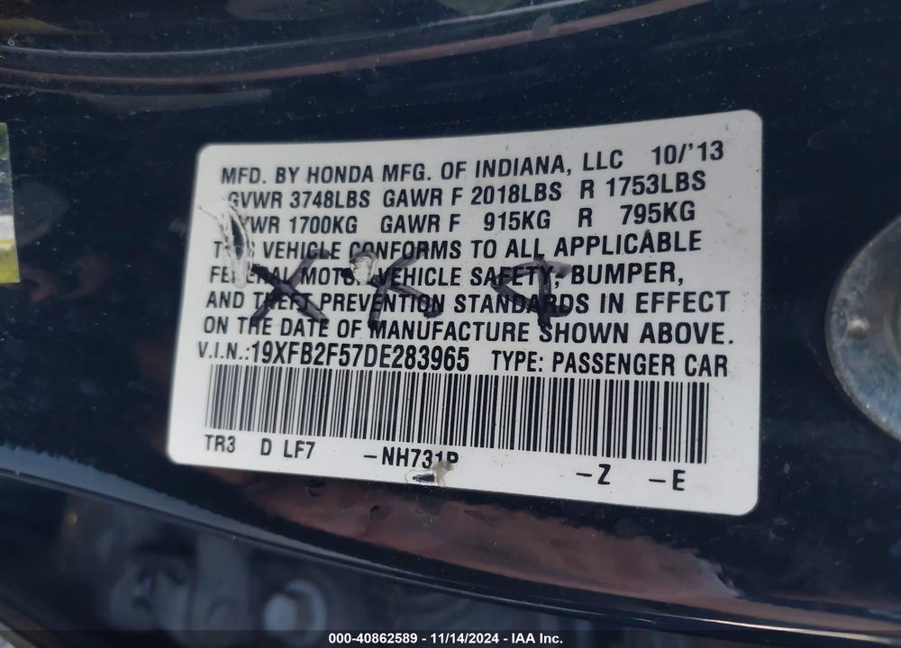 2013 HONDA CIVIC LX VIN: 19XFB2F57DE283965