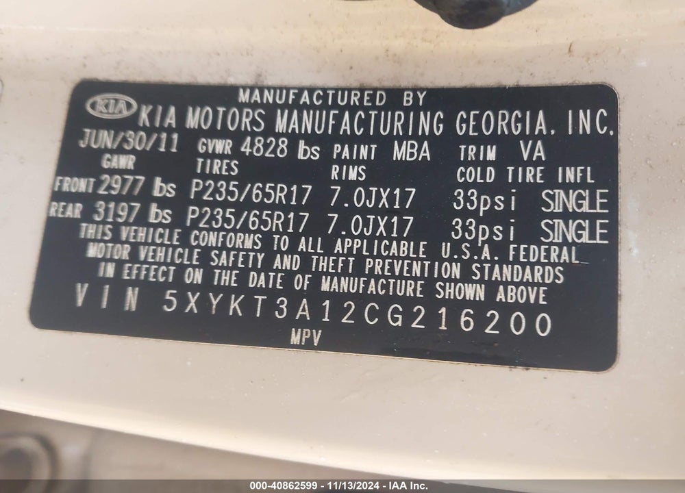 2012 KIA SORENTO LX VIN: 5XYKT3A12CG216200
