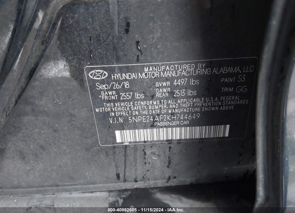 2019 HYUNDAI SONATA SE VIN: 5NPE24AF2KH744649