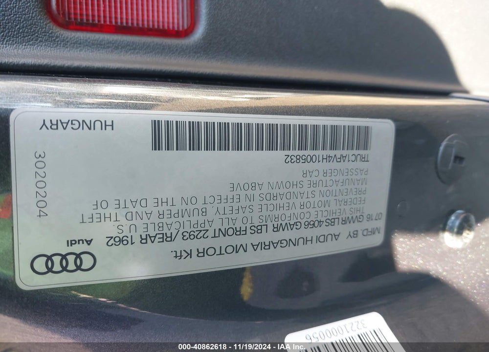 2017 AUDI TTS VIN: TRUC1AFV4H1005832