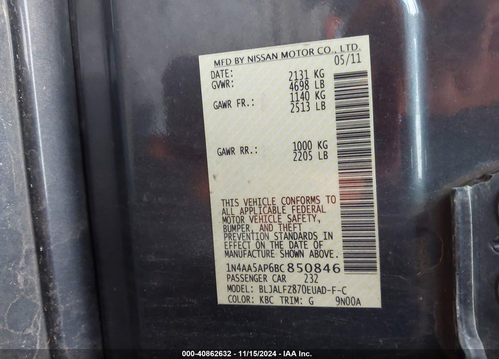 2011 NISSAN MAXIMA 3.5 SV VIN: 1N4AA5AP6BC850846