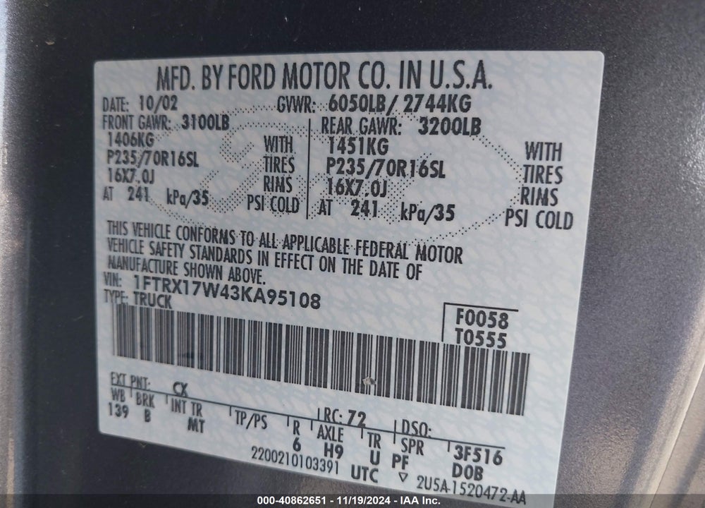 2003 FORD F-150 LARIAT/XL/XLT VIN: 1FTRX17W43KA95108