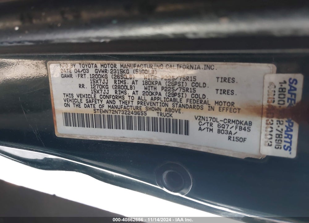 2003 TOYOTA TACOMA BASE V6 VIN: 5TEWN72N73Z249655