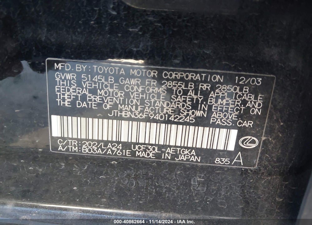 2004 LEXUS LS 430 VIN: JTHBN36F940142245