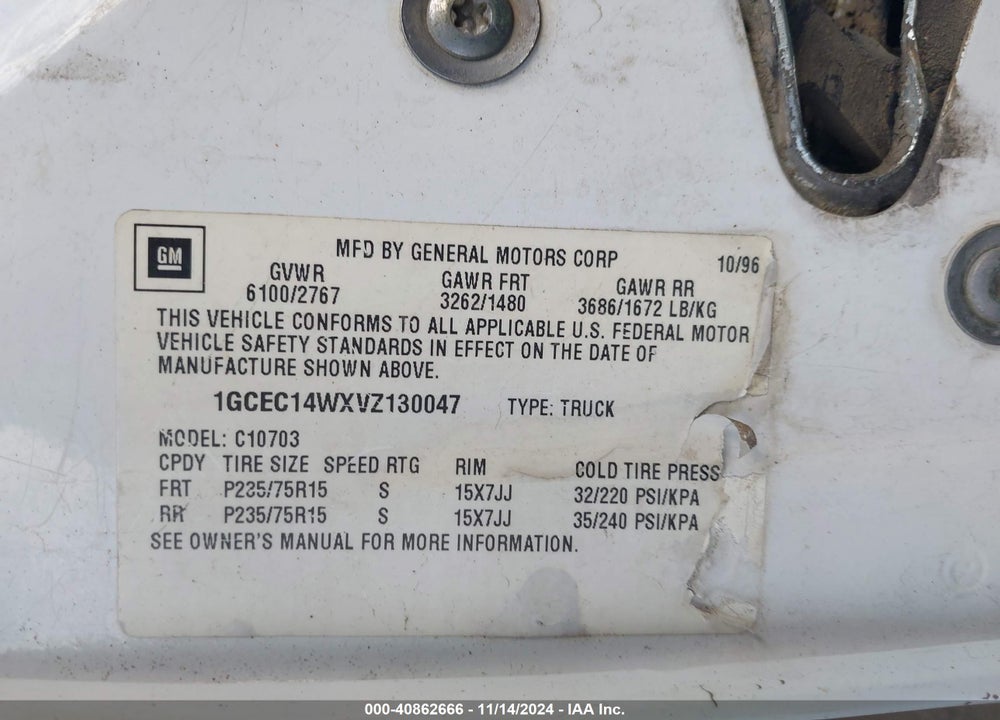 1997 CHEVROLET C1500 FLEETSIDE W/T VIN: 1GCEC14WXVZ130047