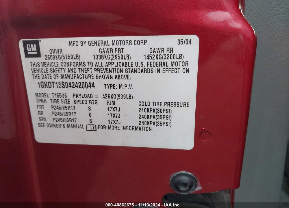 2004 GMC ENVOY SLT VIN: 1GKDT13S042420044