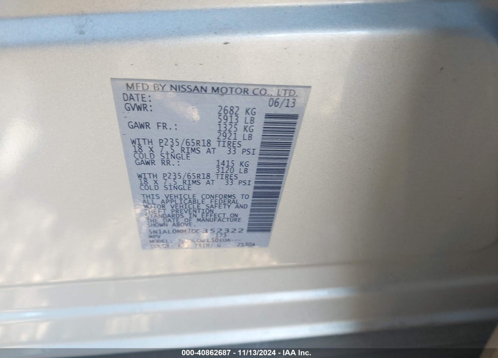 2013 INFINITI JX35 VIN: 5N1AL0MM3DC352322