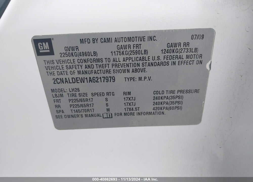 2010 CHEVROLET EQUINOX LT VIN: 2CNALDEW1A6217979