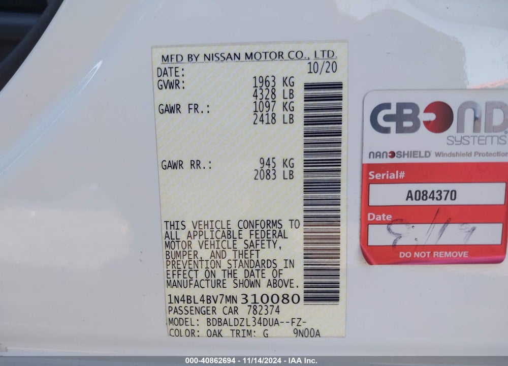 2021 NISSAN ALTIMA S FWD VIN: 1N4BL4BV7MN310080