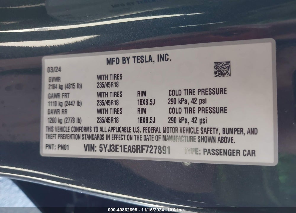 2024 TESLA MODEL 3 REAR-WHEEL DRIVE VIN: 5YJ3E1EA6RF727891