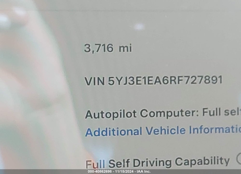 2024 TESLA MODEL 3 REAR-WHEEL DRIVE VIN: 5YJ3E1EA6RF727891