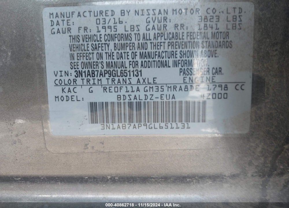 2016 NISSAN SENTRA VIN: 3N1AB7AP9GL651131