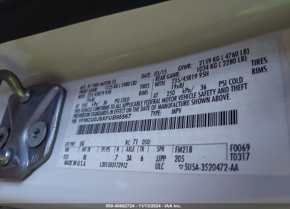2015 FORD ESCAPE TITANIUM VIN: 1FMCU0J9XFUB95567