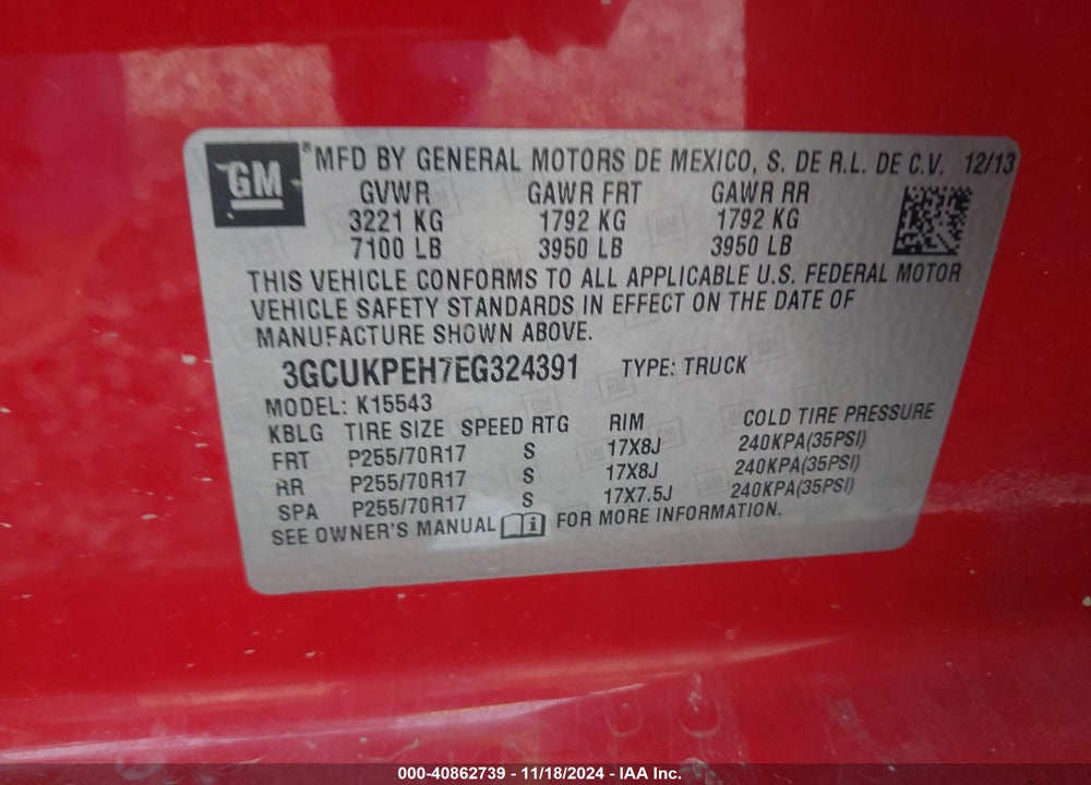 2014 CHEVROLET SILVERADO 1500 VIN: 3GCUKPEH7EG324391