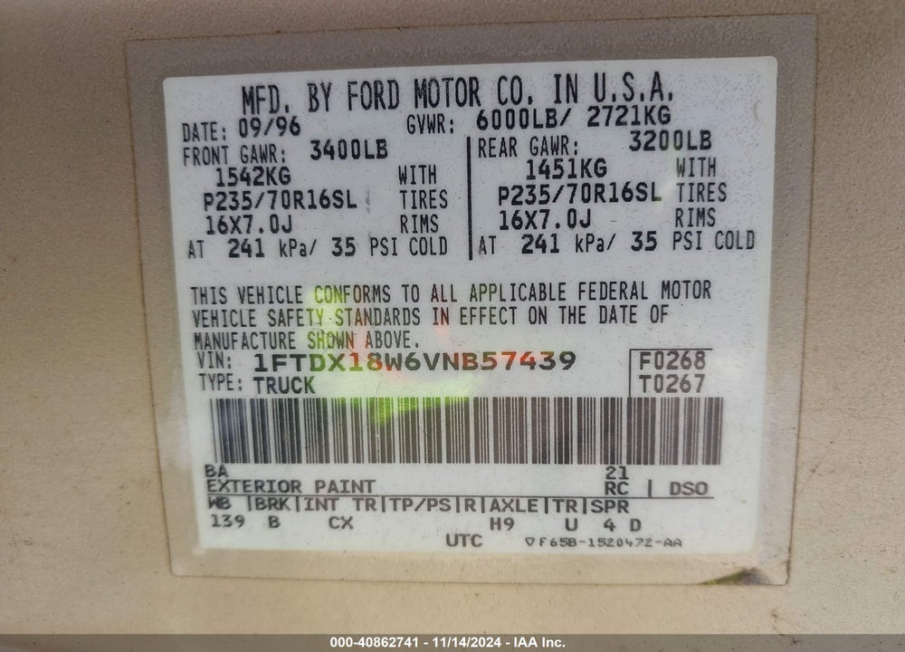 1997 FORD F-150 LARIAT/XL/XLT VIN: 1FTDX18W6VNB57439