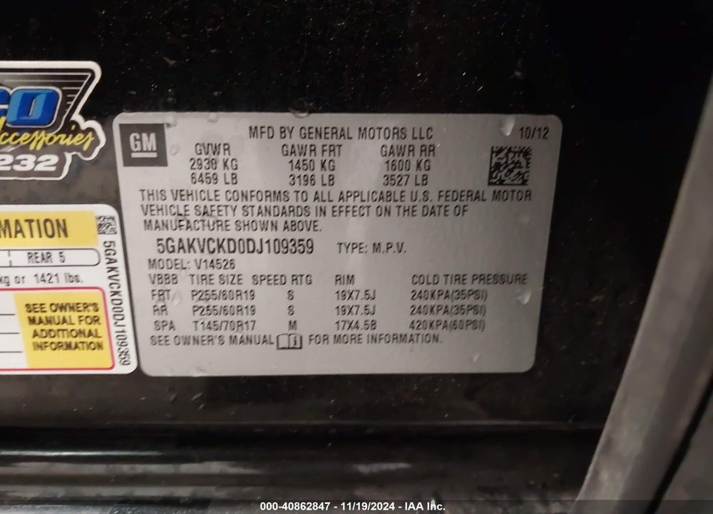 2013 BUICK ENCLAVE LEATHER VIN: 5GAKVCKD0DJ109359