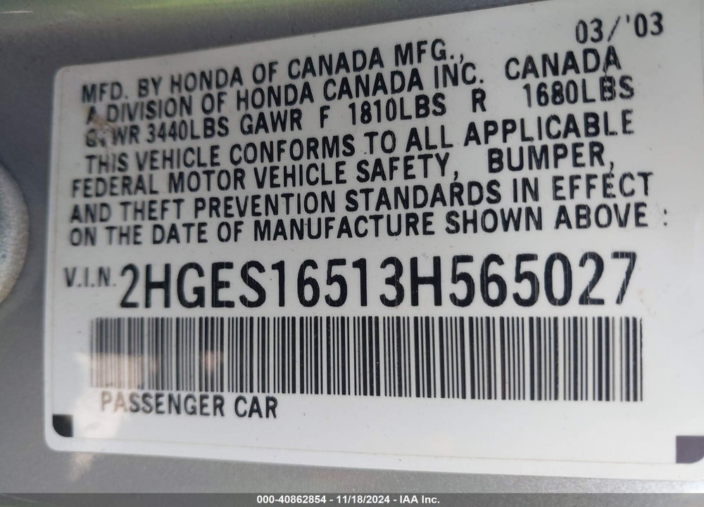 2003 HONDA CIVIC LX VIN: 2HGES16513H565027