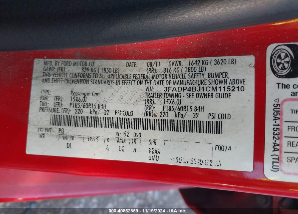 2012 FORD FIESTA SE VIN: 3FADP4BJ1CM115210