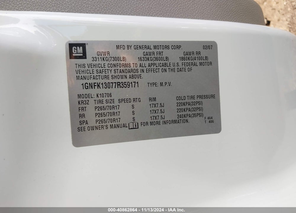 2007 CHEVROLET TAHOE LT VIN: 1GNFK13077R359171