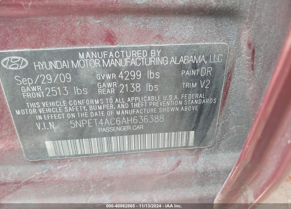 2010 HYUNDAI SONATA GLS VIN: 5NPET4AC6AH636388