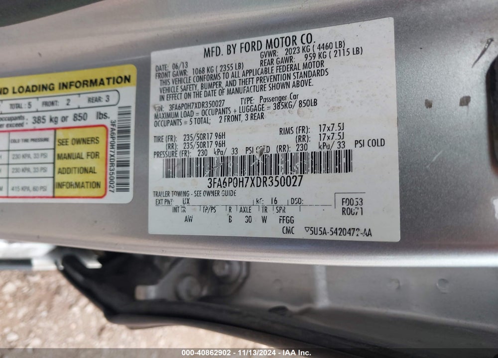 2013 FORD FUSION SE VIN: 3FA6P0H7XDR350027