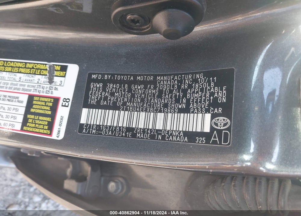 2011 TOYOTA COROLLA LE VIN: 2T1BU4EEXBC719869