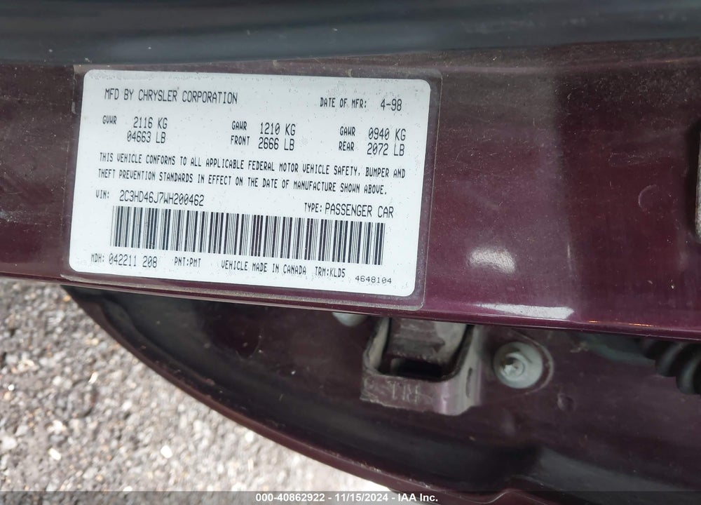 1998 CHRYSLER CONCORDE LX VIN: 2C3HD46J7WH200462