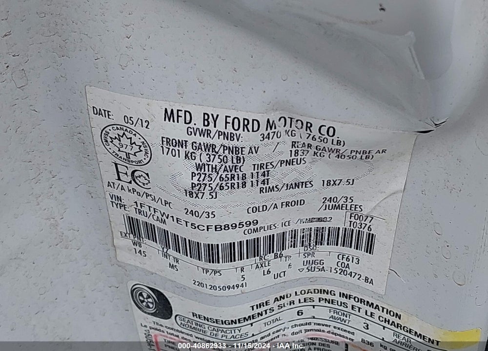 2012 FORD F-150 XLT VIN: 1FTFW1ET5CFB89599