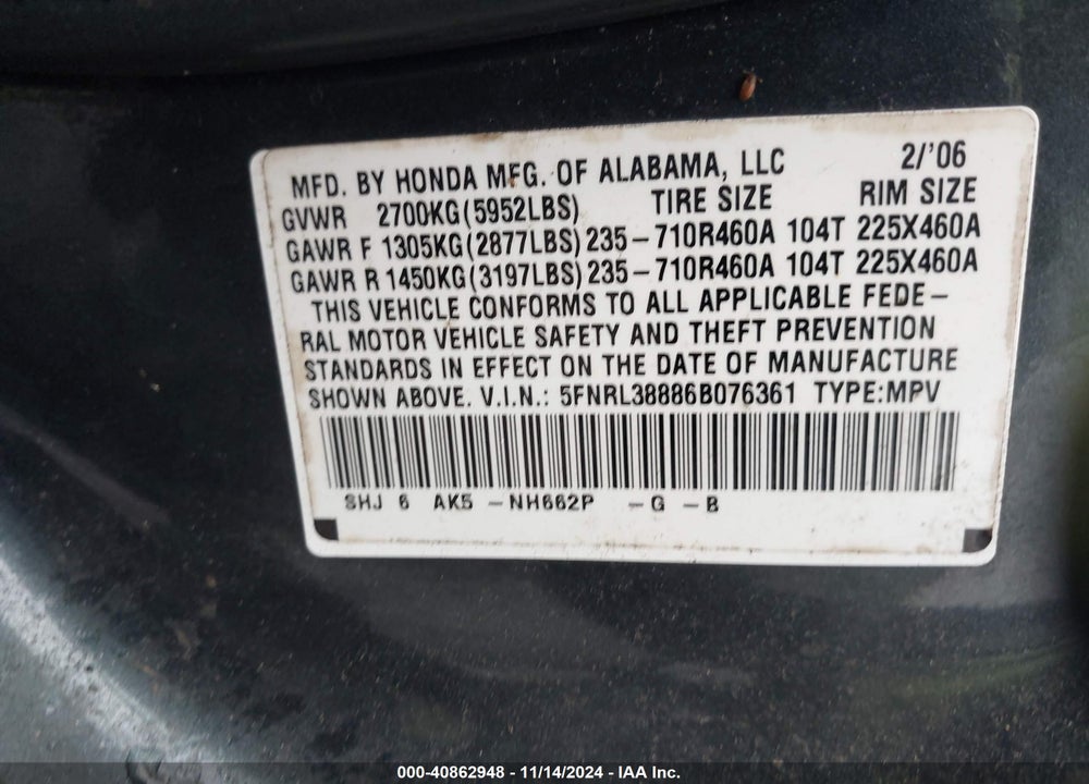 2006 HONDA ODYSSEY TOURING VIN: 5FNRL38886B076361