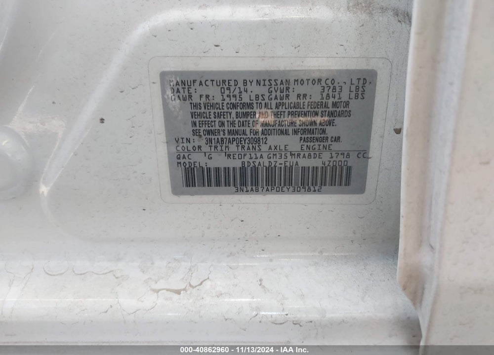 2014 NISSAN SENTRA SV VIN: 3N1AB7AP0EY309812