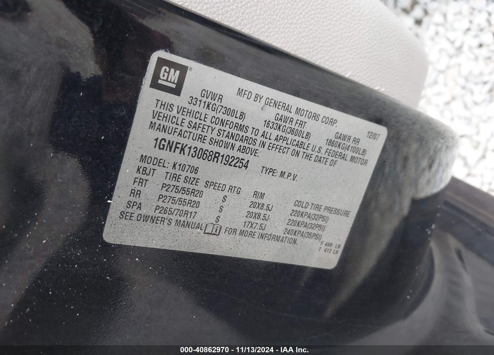 2008 CHEVROLET TAHOE LTZ VIN: 1GNFK13068R192254