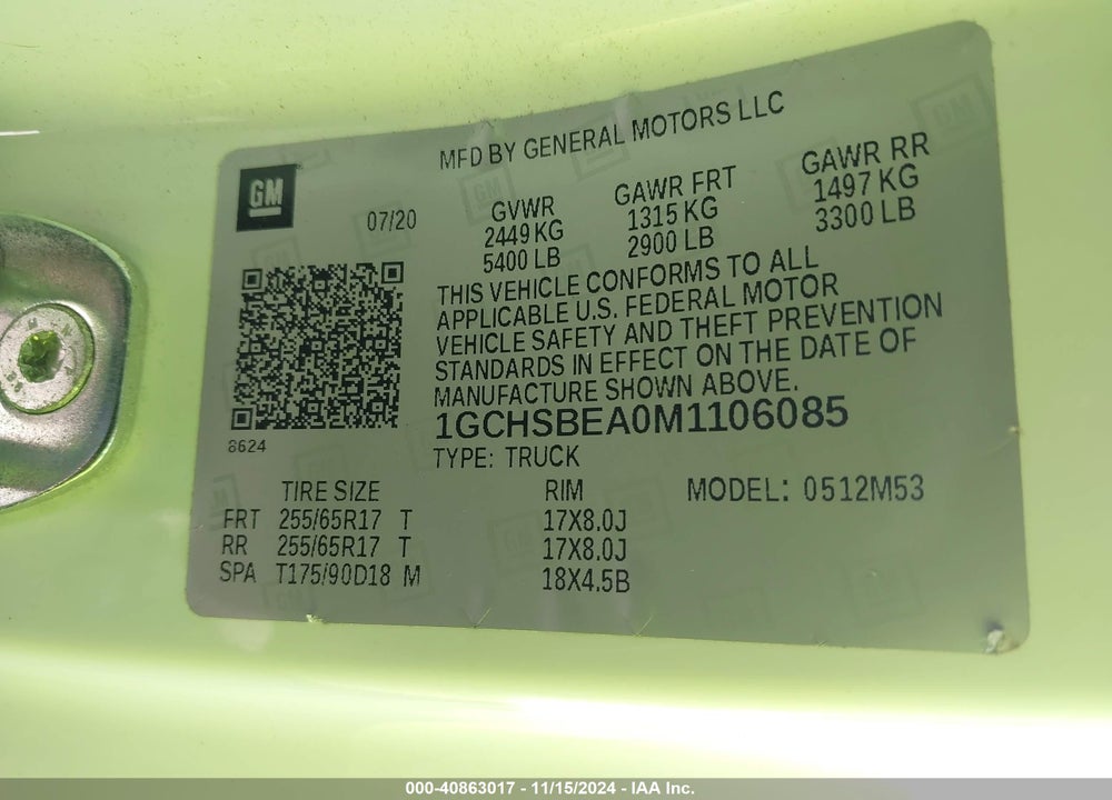 2021 CHEVROLET COLORADO 2WD LONG BOX WT VIN: 1GCHSBEA0M1106085