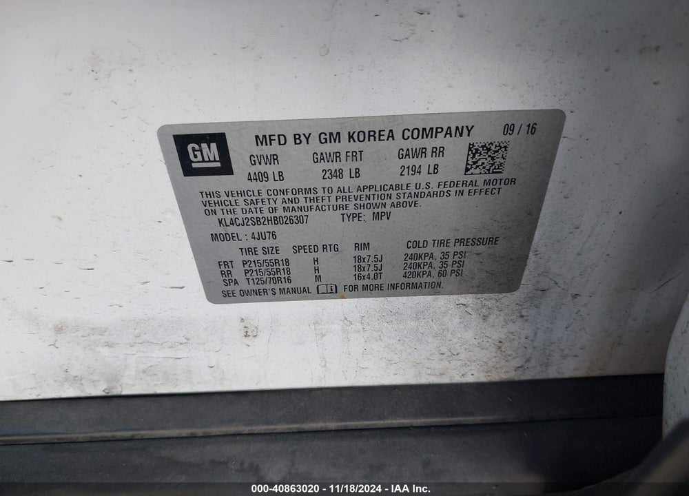 2017 BUICK ENCORE SPORT TOURING VIN: KL4CJ2SB2HB026307