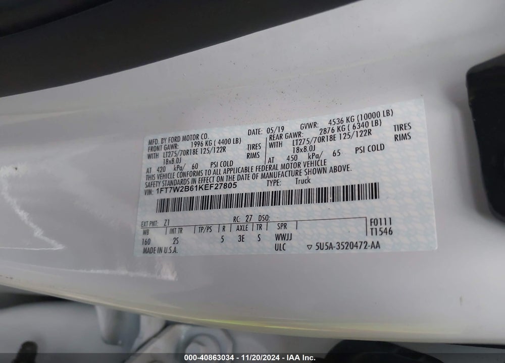 2019 FORD F-250 XLT VIN: 1FT7W2B61KEF27805