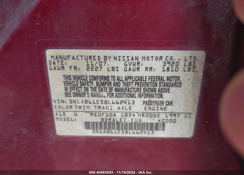 2008 NISSAN SENTRA 2.0S VIN: 3N1AB61E58L662413