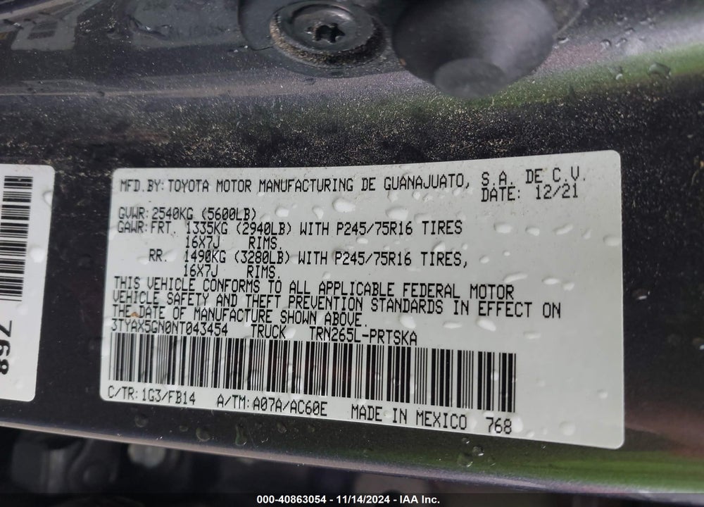 2022 TOYOTA TACOMA SR VIN: 3TYAX5GN0NT043454